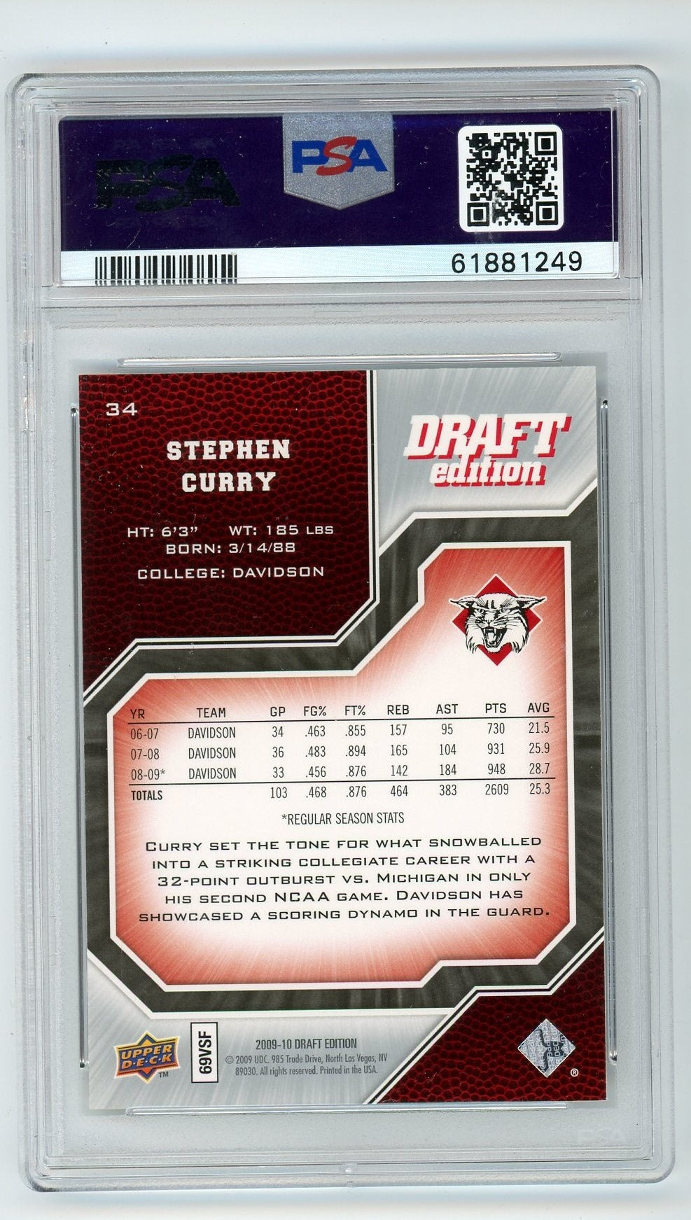 Stephen Curry 2009 Upper Deck Draft Edition Rookie #34 PSA 8