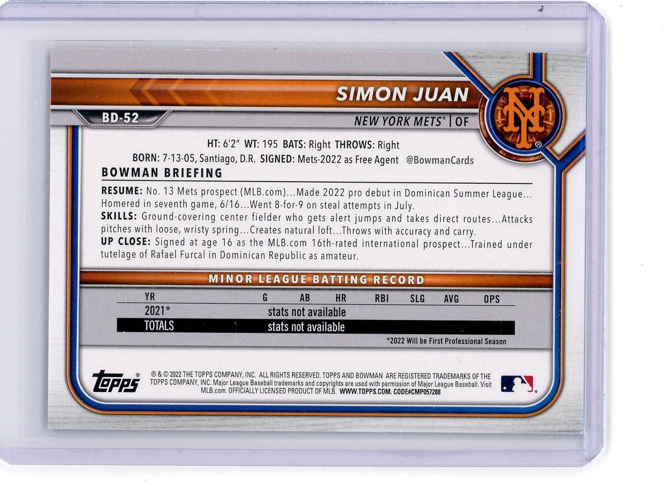Simon Juan 2022 Bowman Draft purple paper #'d 099/250