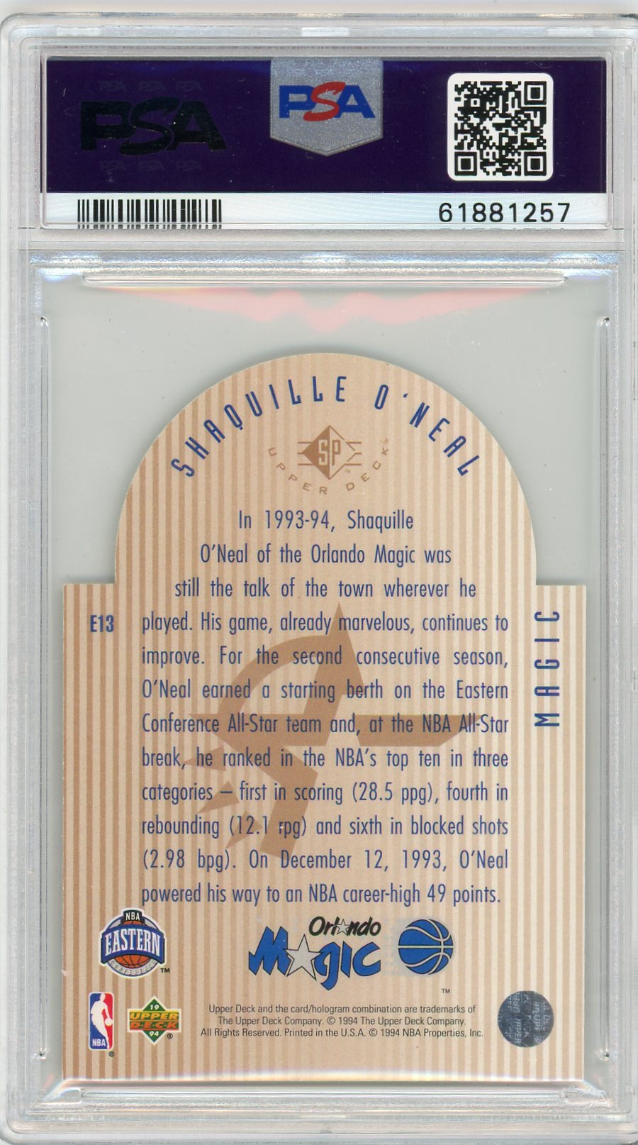 Shaquille O'Neal Die Cut All-Stars-East 1993 Upper Deck SE #E13 PSA 7