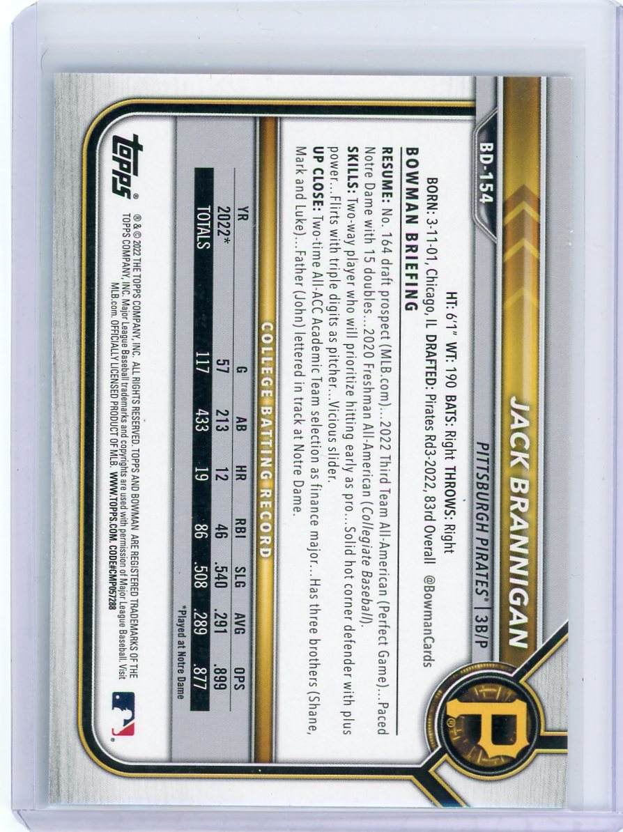 Jack Brannigan 2022 1st Bowman Draft Sky Blue paper #'d 202/499