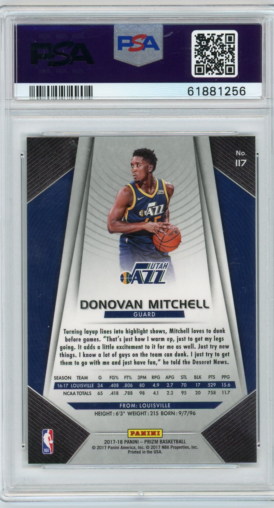 Donovan Mitchell 2017 Panini Prizm #117 PSA 8