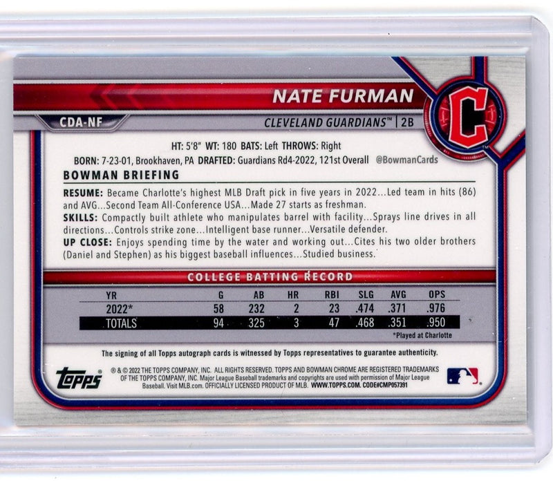 Nate Furman 2022 1st Bowman Chrome purple refractor autograph 