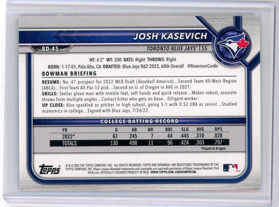 Josh Kasevich 2022 1st Bowman Draft green paper #'d 05/99