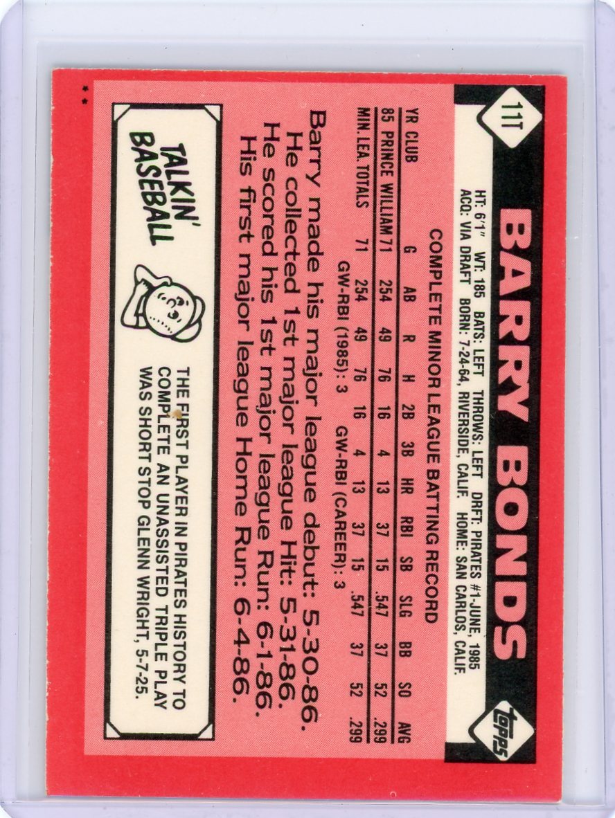 Barry Bonds 1986 Topps Traded #11T rookie card