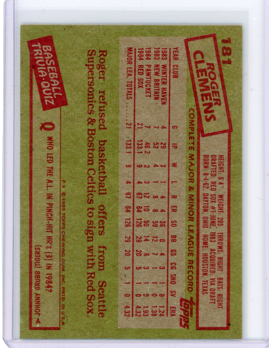 Roger Clemens 1985 Topps #181 rookie card