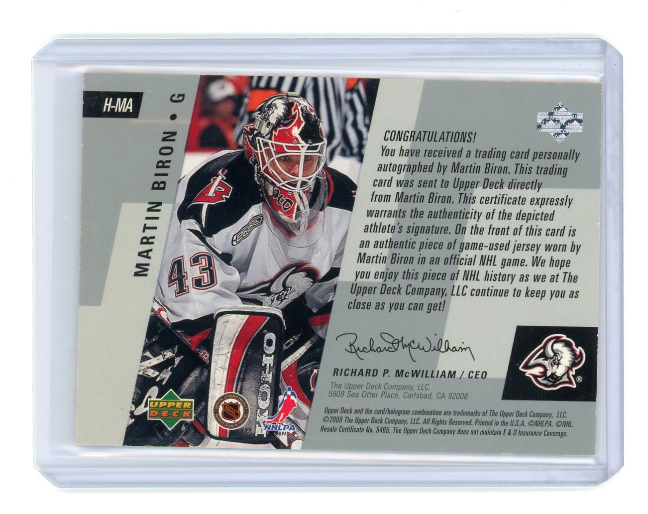 Martin Biron 2000 Upper Deck Game Jerseys Autographed