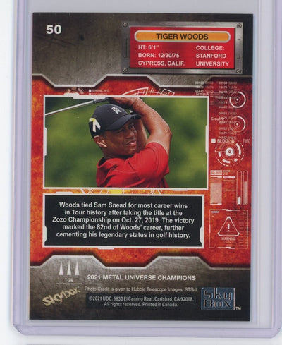 Tiger Woods 2021 Upper Deck SkyBx Metal Universe Champions holo #50