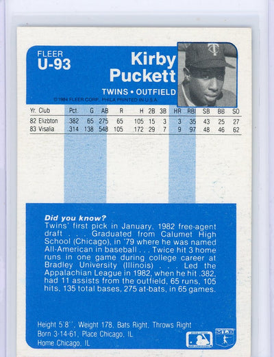 Kirby Puckett 1984 Fleer Update Rookie #U-30