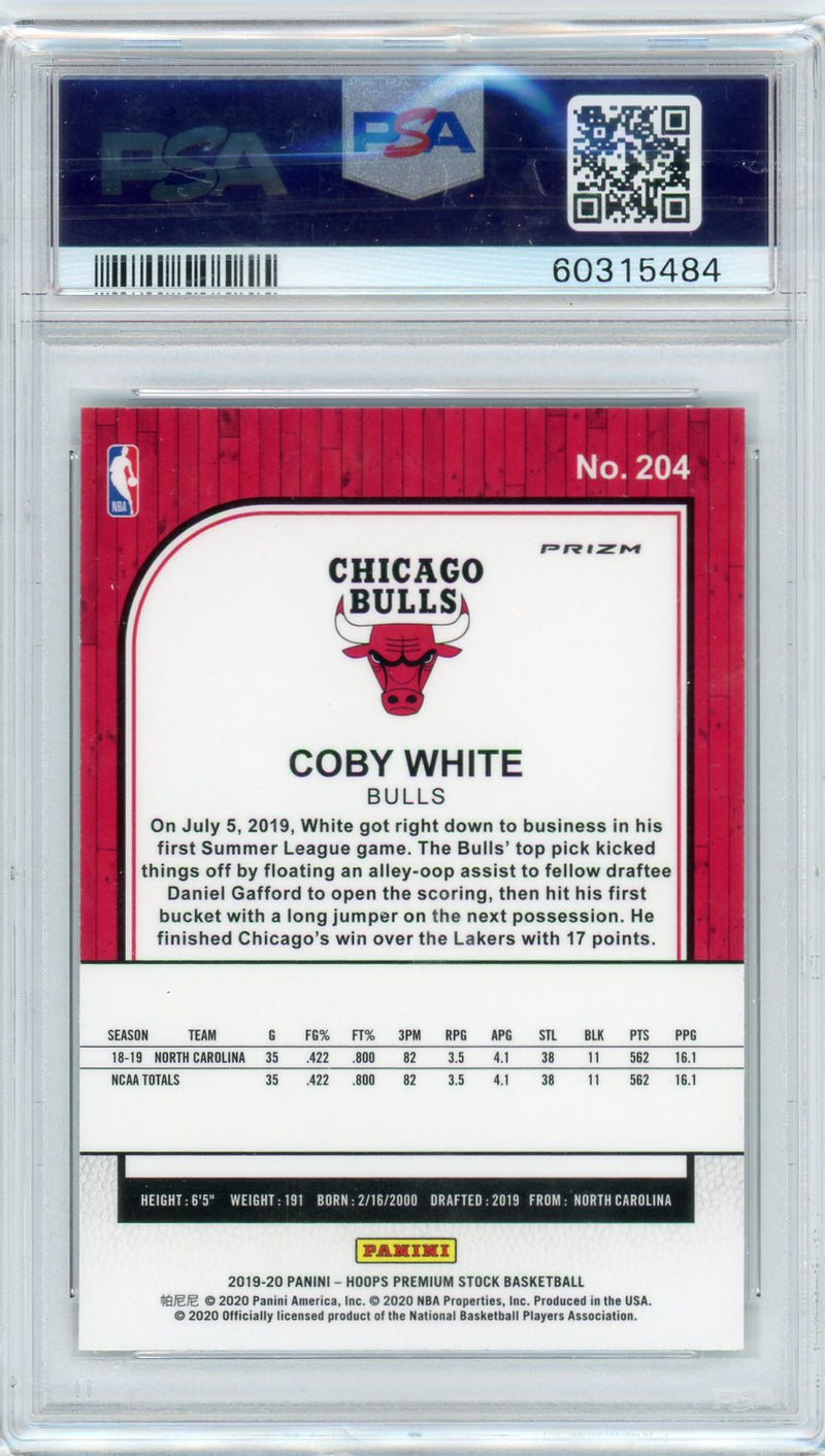 Coby White 2019 Panini NBA Hoops Premium Stock Green Cracked Ice Prizm rookie card PSA 9
