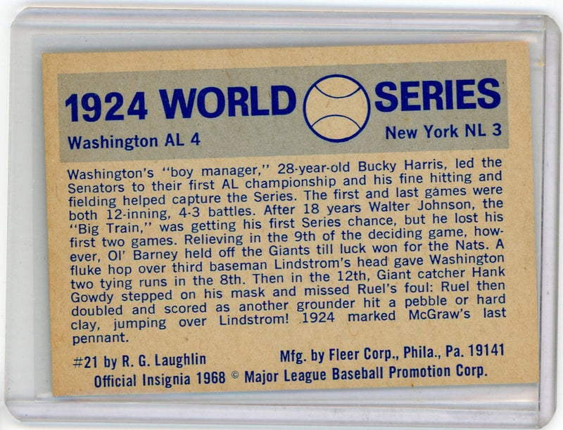 Giants vs. Senators 1924 World Series 1968 Fleer 