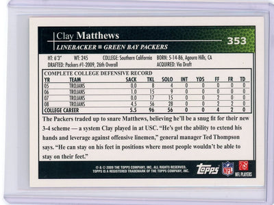 Clay Matthews 2009 Topps rookie card #353