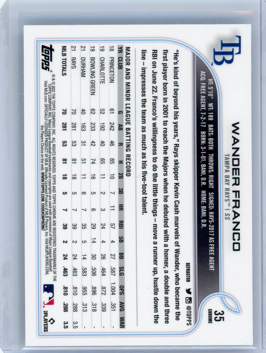 Wander Franco 2022 Topps Chrome Refractor Rookie Card #35