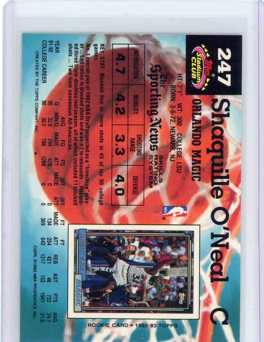 Shaquille O'Neal 1992-93 Topps Stadium Club Draft Pick rookie card #247