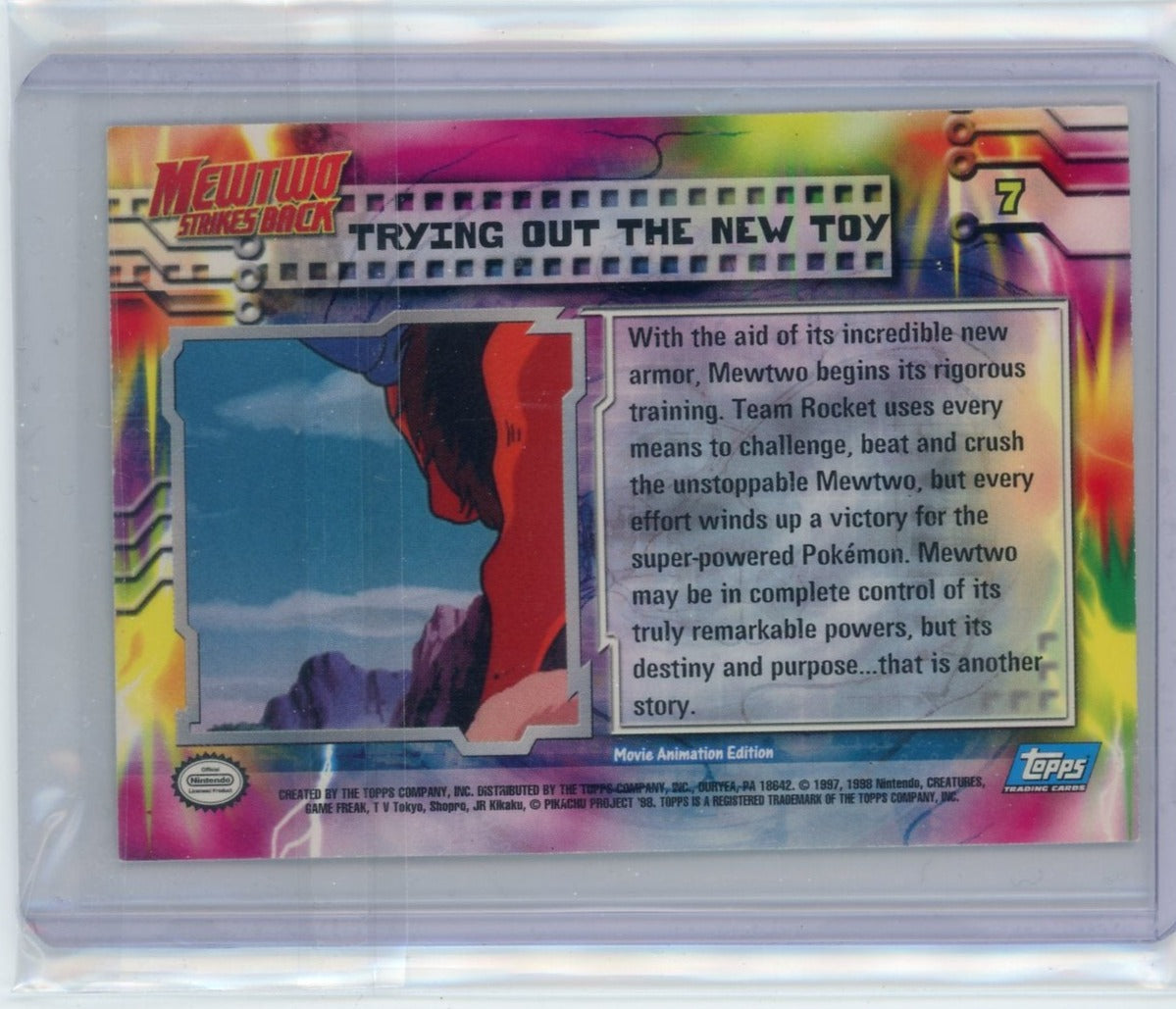 Mewtwo Strikes Back "Trying out the New Toy" 1998 Topps Pokémon Movie Animation Edition blue logo foil #7