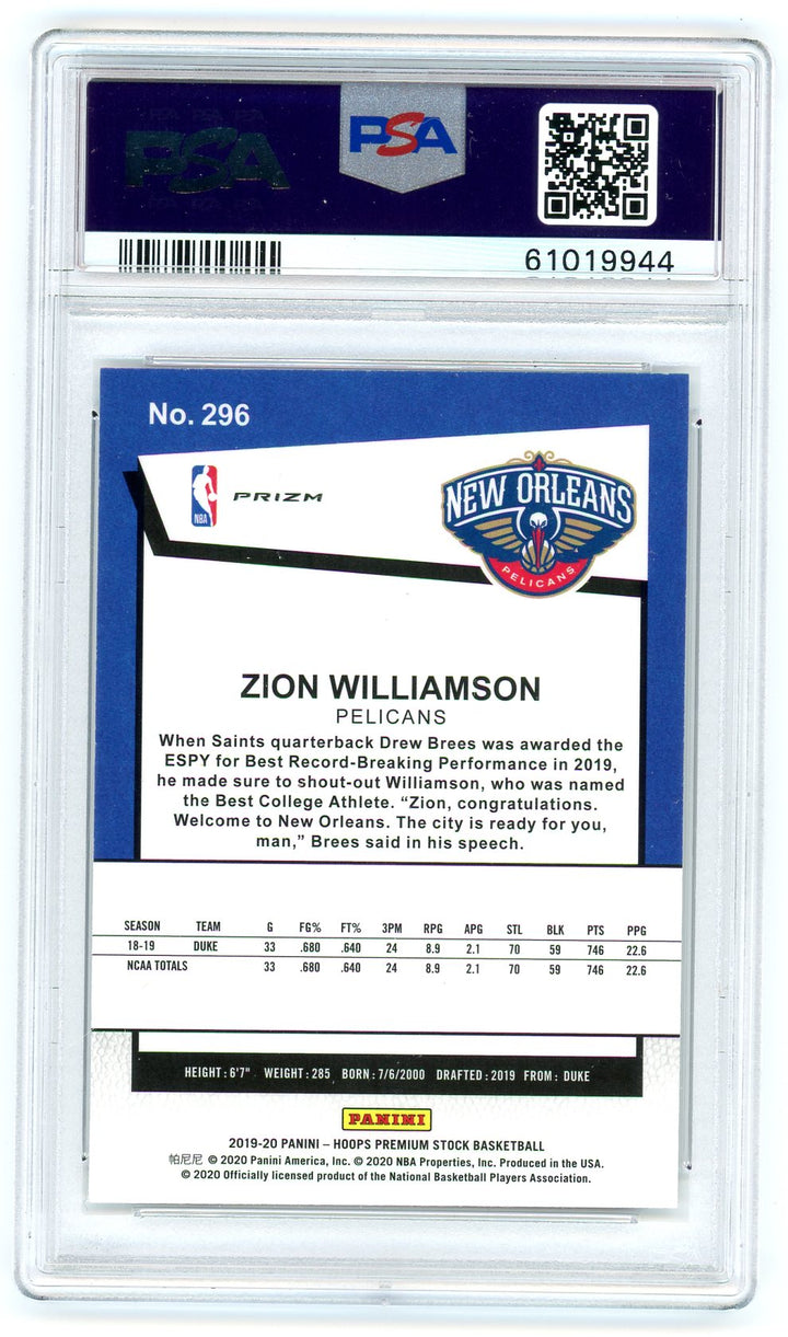 2019 Zion WIlliamson NBA Hoops Premium Stock Silver Prizm deals Rookie Card PSA 10