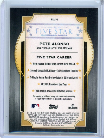 Pete Alonso 2022 Topps Five Star autograph