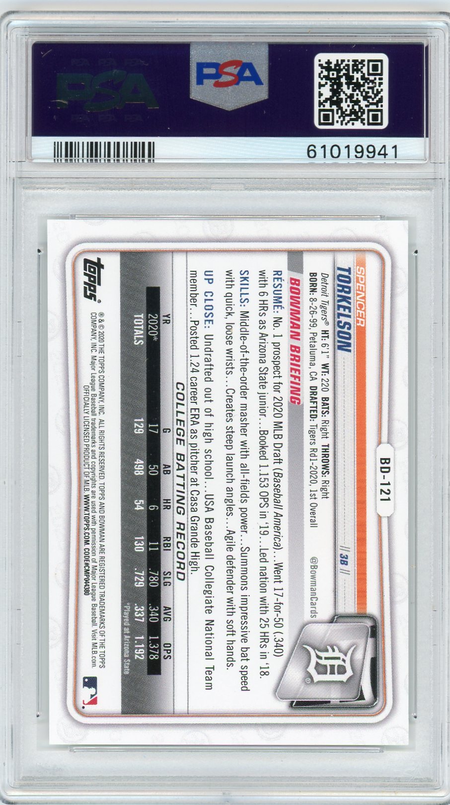 Spencer Torkelson 2020 Bowman Draft 1st Edition 1st PSA 10