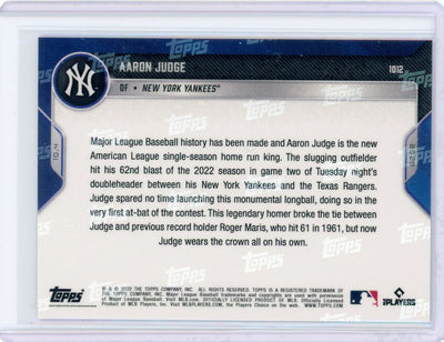 Aaron Judge 2022 Topps NOW #1012 "Case Closed! Slugger Sets AL Record with 62nd HR"