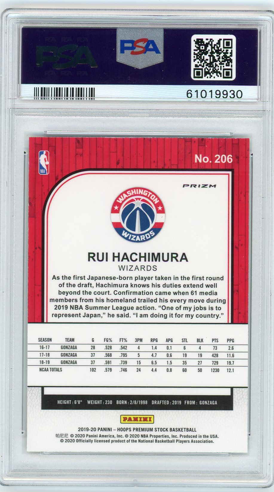 Rui Hachimura 2019 Hoops Premium Stock Green Prizm Rookie PSA 10
