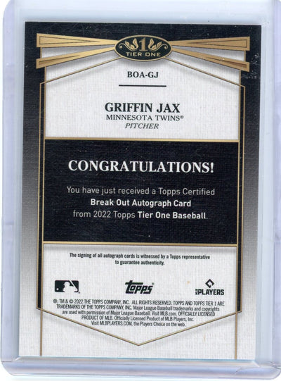 Griffin Jax 2022 Topps Tier One Break Out autograph #'d 086/299 rookie card