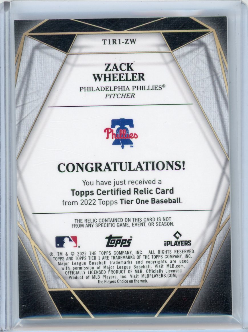 Zack Wheeler 2022 Topps Tier One jersey relic #'d 090/399 – Piece Of The  Game