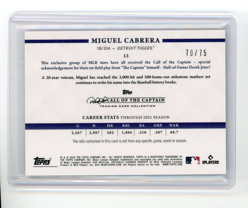 Miguel Cabrera 2022 Topps Call of the Captain game-used jersey relic green 