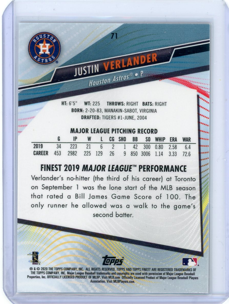 Justin Verlander 2020 Topps Finest Gold Refractor #'d 43/50