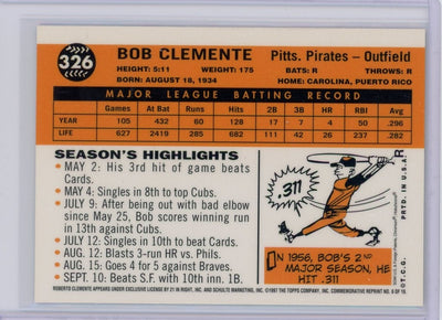 Roberto Clemente 1997 Topps Finest 1960 Topps Commemorative Reprint #6 of 19 with coating