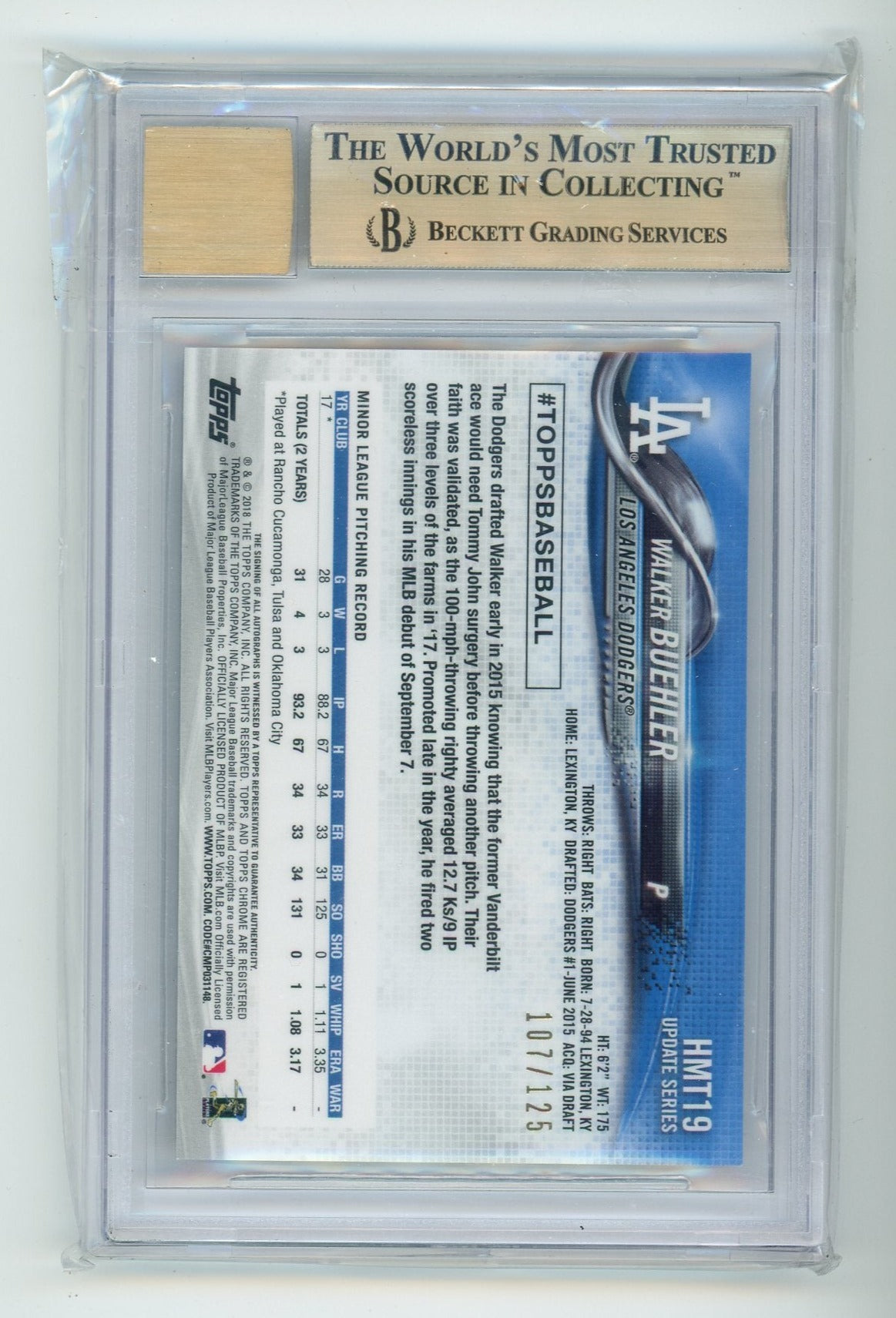 Walker Buehler Baseball Card (Los Angeles Dodgers) 2015 Topps