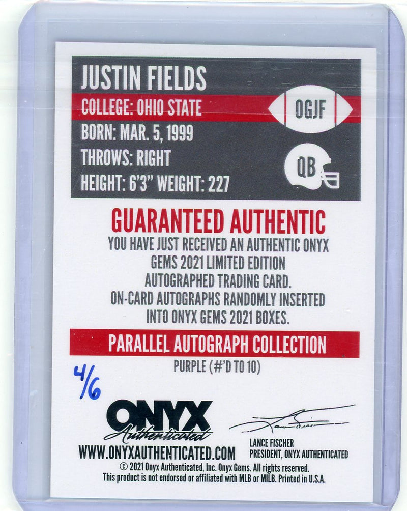 2021 Onyx Gems Justin Fields red autograph /6
