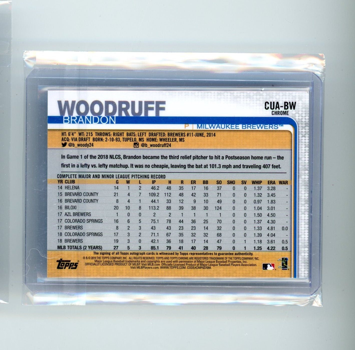 Brandon Woodruff 2019 Topps Chrome autograph