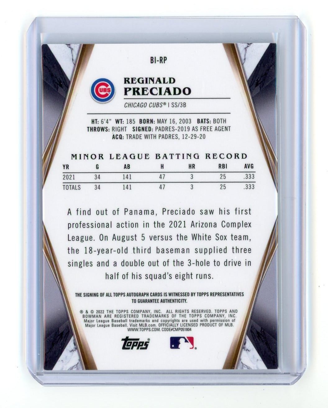 Reginald Preciado 2022 Bowman Invicta autograph #'d 10/99