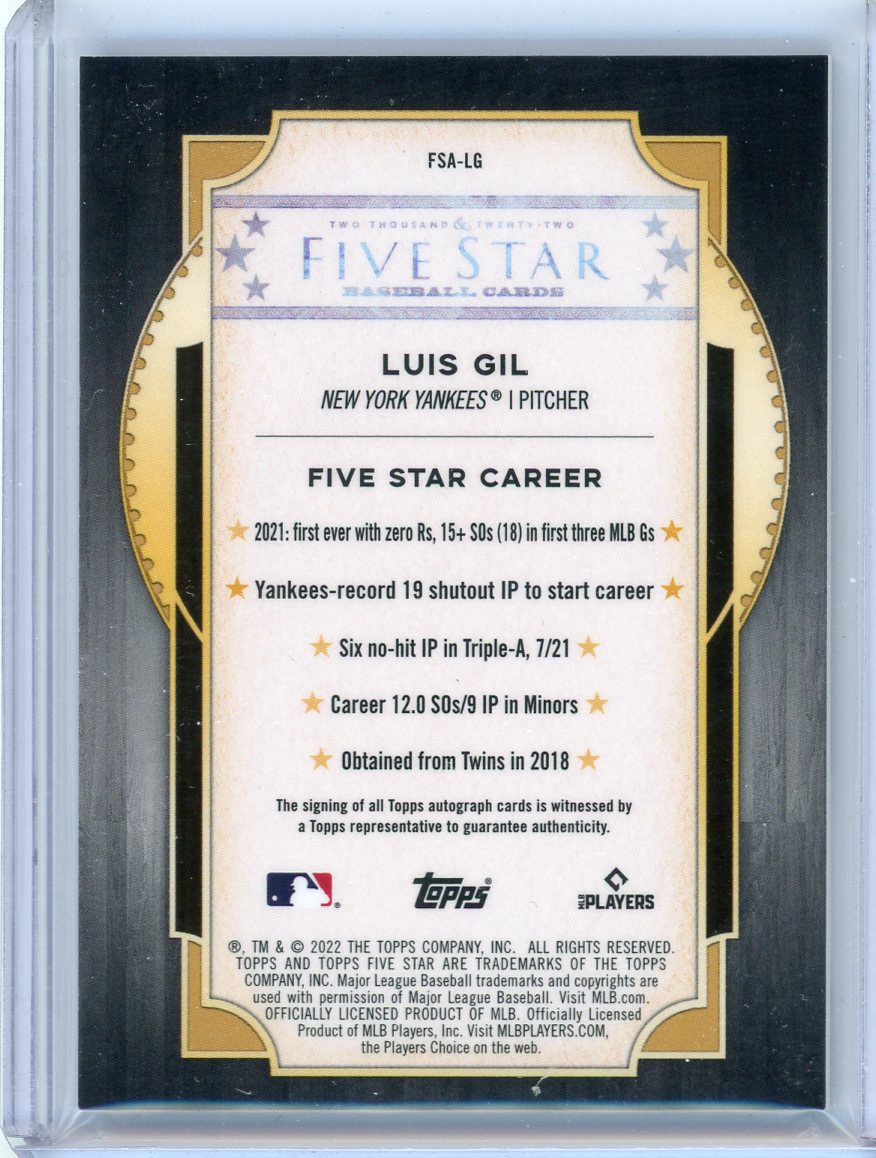 Luis Gil 2022 Topps Five Star autograph green rookie card #'d 10/15