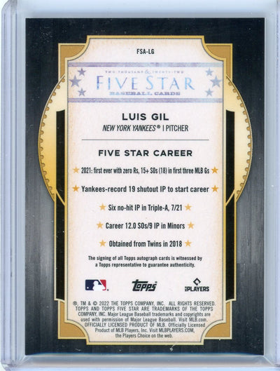 Luis Gil 2022 Topps Five Star AUTO Rookie Card