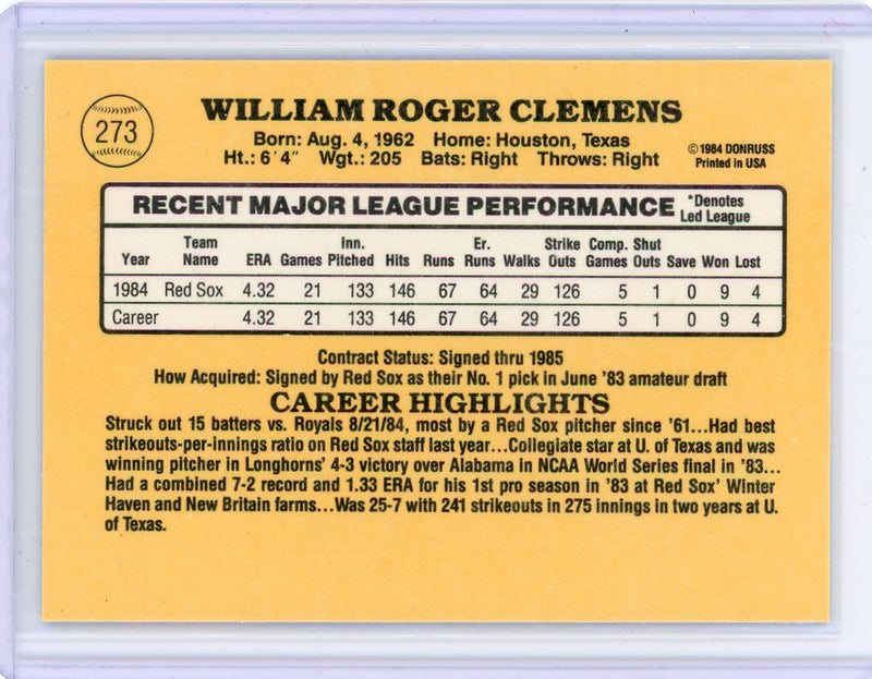 Roger Clemens 1985 Donruss rookie card 