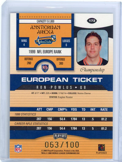 Ron Powlus 2000 Playoff Contenders European Ticket AUTO RC #'d 63/100