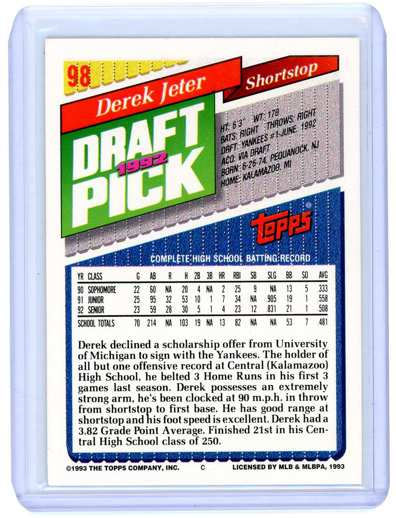 Derek Jeter Topps 1992 Draft Pick 
