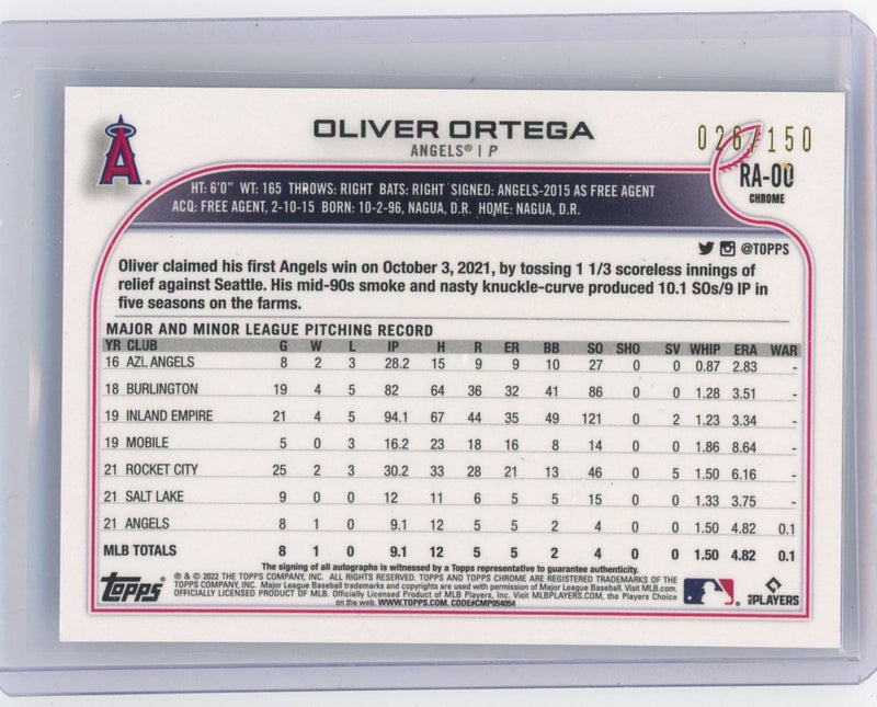 Oliver Ortega 2022 Topps Chrome Blue Lava Refractor autograph rookie card 