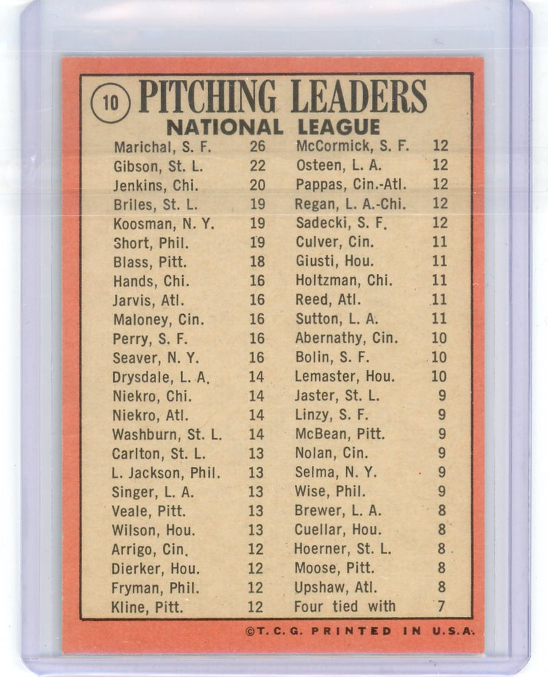 1969 Topps NL Pitching Leaders (Juan Marichal/Bob Gibson/Fergie Jenkins)