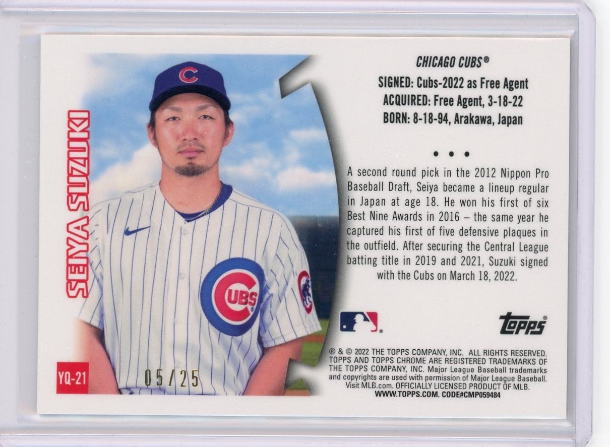 Seiya Suzuki 2022 Topps Chrome Sonic Youthquake Orange Refractor Rookie Card #'d 05/25