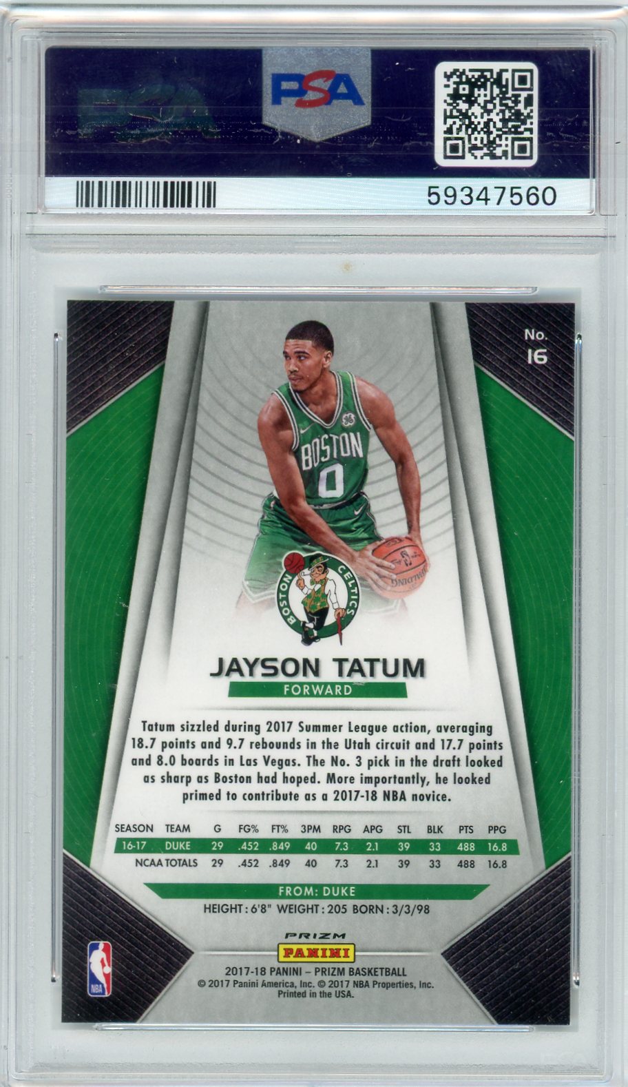 Jayson Tatum 2017 Panini Prizm Fast Break Rookie #16 PSA 9