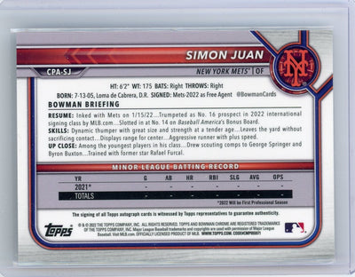 Simon Juan 2022 1st Bowman Chrome X Green X-Fractor autograph #'d 3/5