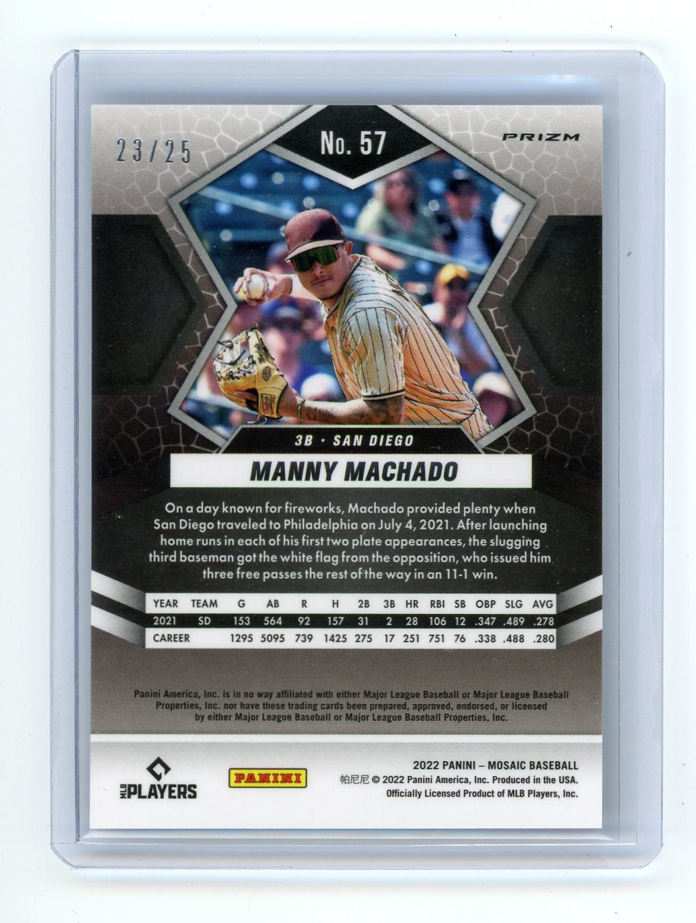 Manny Machado 2022 Panini Mosaic White Fluorescent Mosaic prizm #'d 23/25