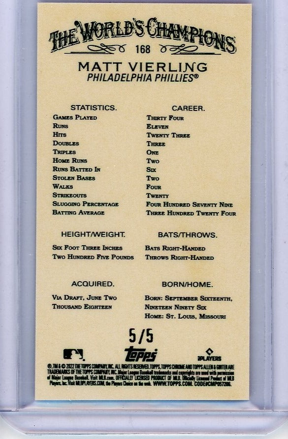 Matt Vierling 2022 Topps Chrome Allen & Ginter mini red refractor rookie card #'d 5/5