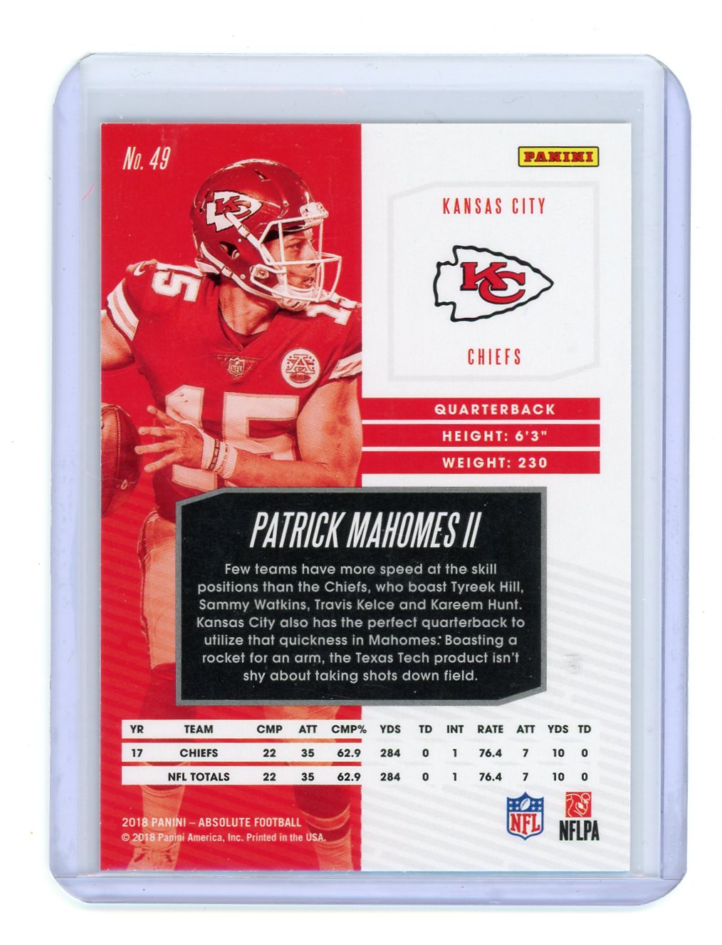 Patrick Mahomes, 2018 Absolute Gold Foil #49, 2nd Year (MVP 2018