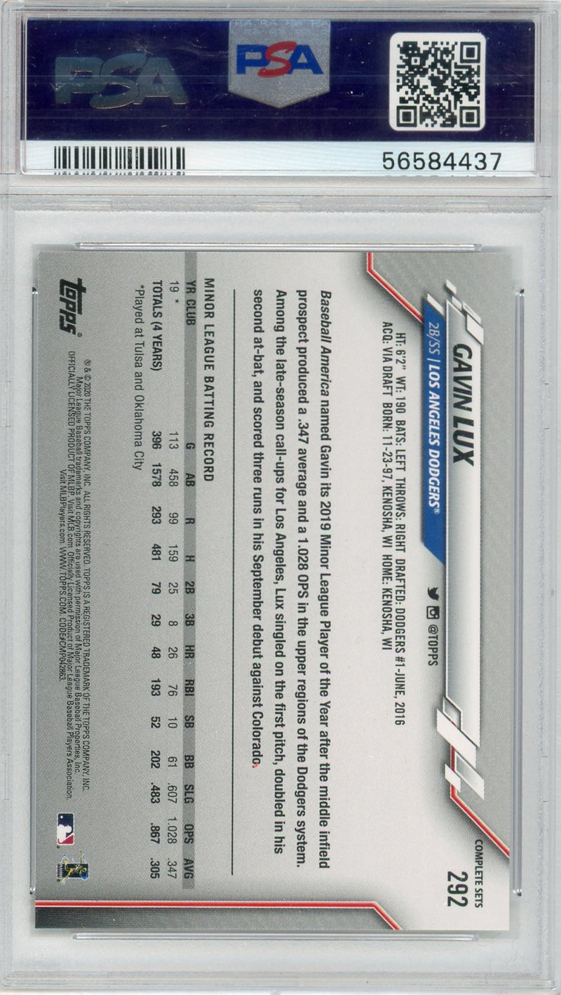 Gavin Lux 2020 Topps Complete Set Baseball Card Graded PSA 10 