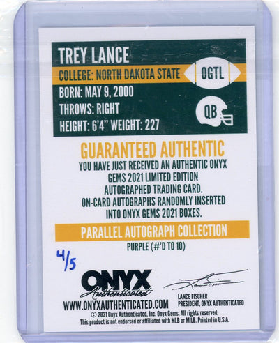 2021 Onyx Gems Trey Lance blue autograph inscribed "Go Bison" #'d 4/5