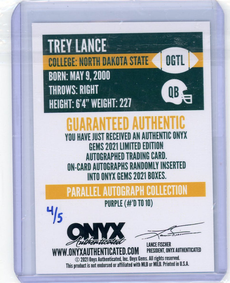 2021 Onyx Gems Trey Lance blue autograph inscribed "Go Bison" 