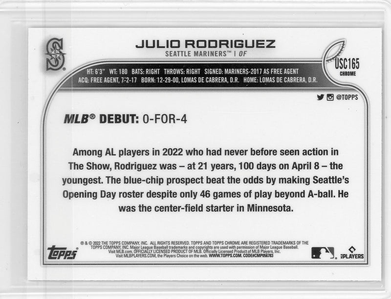 Julio Rodriguez 2022 Topps Chrome Update Debut purple refractor rookie card