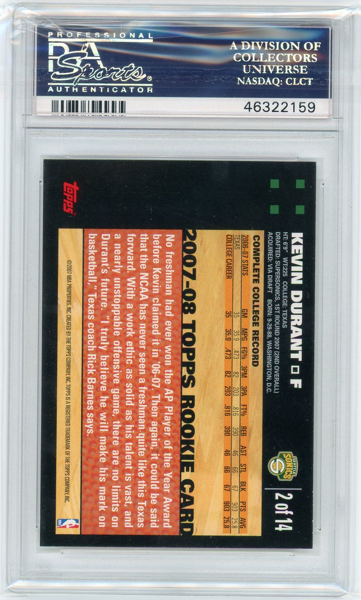 Kevin Durant 2007 Topps Rookie Card top #2 PSA 8